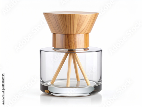 Isolated Mockup of a Home Fragrance Diffuser with Wooden Top and Glass Base