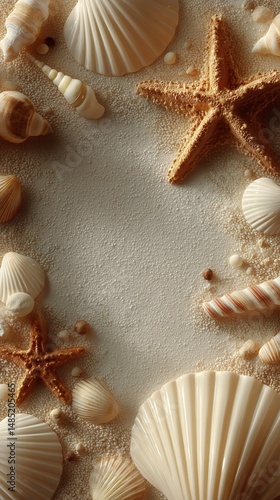 Decorative Arrangement of Seashells and Starfish on Sandy Beach Surface