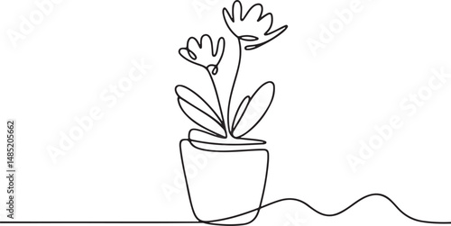 Set of continuous one line drawing of flowers in pots, minimalist black and white floral sketches, elegant botanical vector illustration

