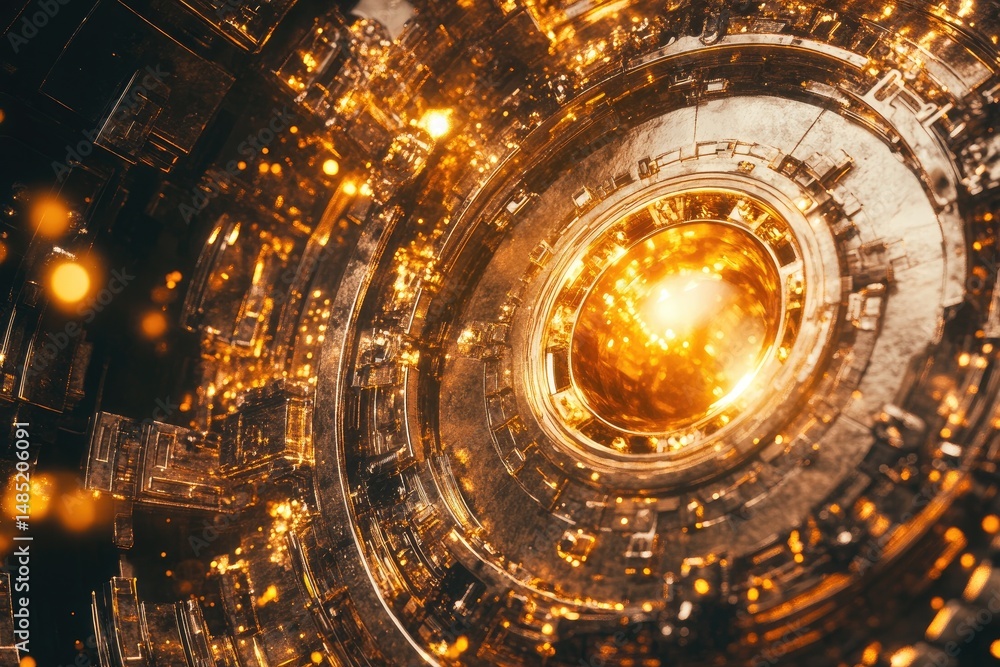 Fototapeta premium Glowing concentric circles, intricate metallic design