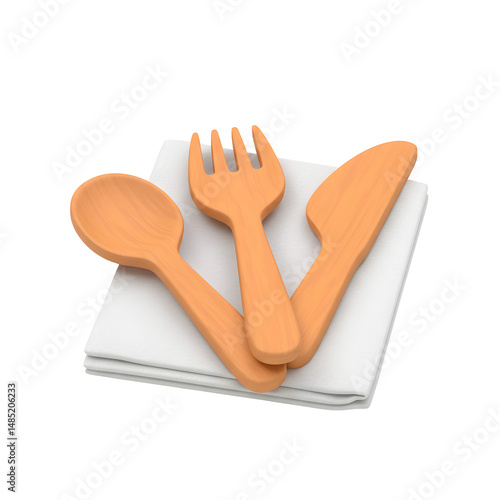 Set of eco friendly wooden cutlery on napkin