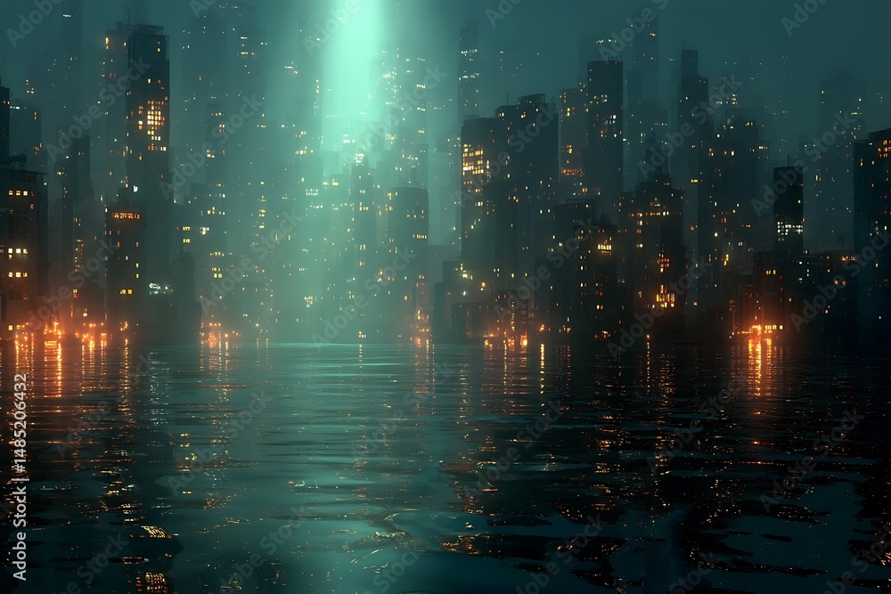 Distant city lights reflect on water Distant city lights reflect on water