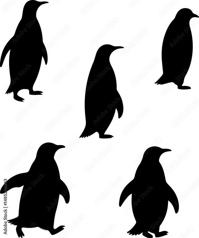Obraz premium Cute penguin silhouettes in various poses, perfect for children's books or educational materials.