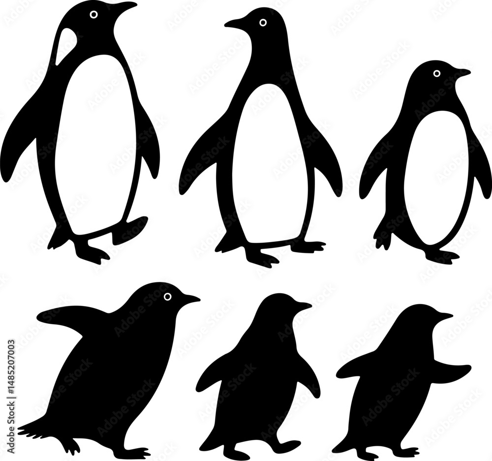 Naklejka premium Cute penguin silhouettes in various poses, perfect for children's books or educational materials.