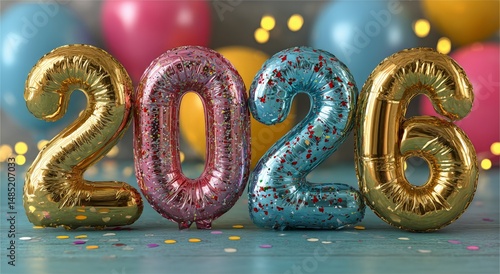 Colorful Balloons and Confetti Celebrate the New Year 2026 at a Festive Gathe...