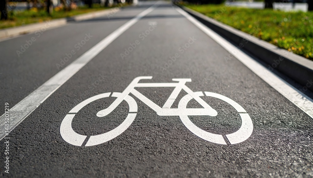 Fototapeta premium white bicycle sign painted on asphalt road, city cycling concept