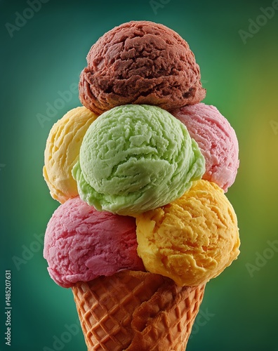 Colorful Ice Cream Cone Stacked With Five Different Flavors Against a Vibrant...