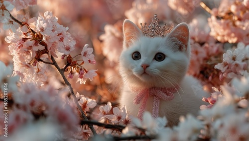 Cute White Kitten With a Crown Among Cherry Blossom Trees in a Spring Garden