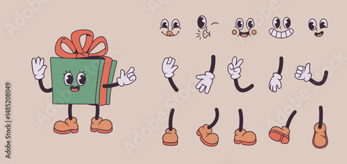 Cartoon gift box character with faces and limbs