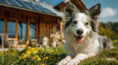 Golden Retriever Relaxing in a Vibrant Garden Near an Eco-Friendly House in S...