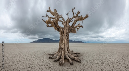 Lonely, gnarled tree in a cracked, arid landscape under a dramatic sky
