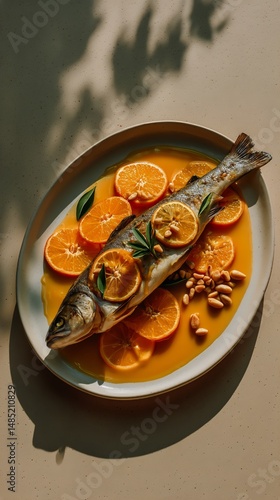 Freshly Prepared Fish With Orange Slices and Herbs on a Serving Plate