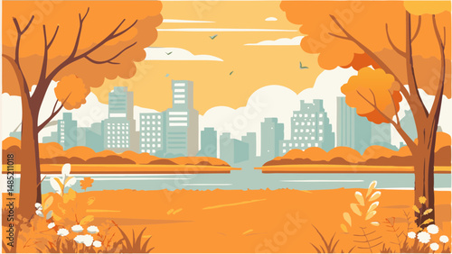 Autumnal city landscape with orange trees and foliage framing a skyline near a body of water view