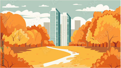 Autumnal park scene with tall buildings in the background and a winding path in the foreground landscape view