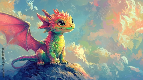 Cute Dragon on Rocky Peak, Sky Background