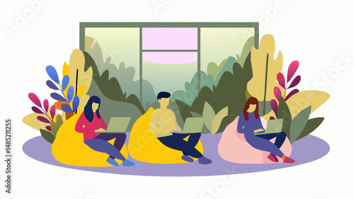 Three people working on laptops while sitting on beanbags surrounded by plants and a window in background
