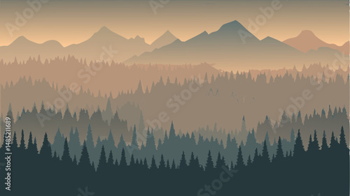 Layered mountain range with pine forests in varying shades of blue and brown under a hazy sky view