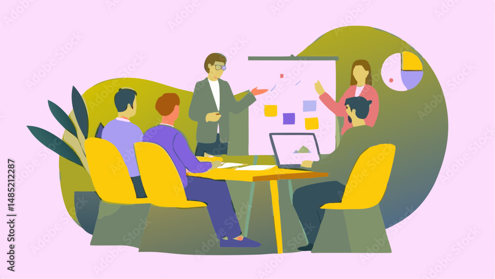 Fototapeta premium Business team collaborating around a table with laptop and whiteboard in a modern office setting