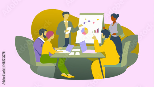 Illustration of a business presentation with people around a table looking at a chart on a whiteboard