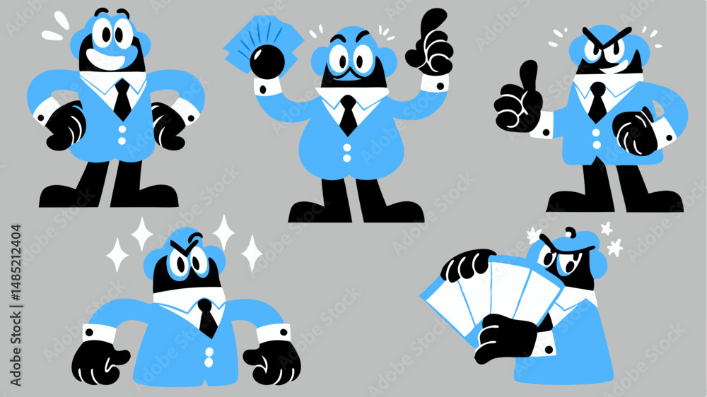 Fototapeta premium Illustrations of a cartoon businessman in a blue suit with various poses and expressions on a gray background