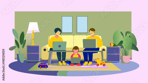 Family working from home with laptops on couch and child using laptop on rug in living room scene setting
