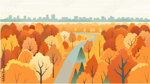 Vector illustration of a winding road through a vibrant autumnal forest with a city skyline in the distance