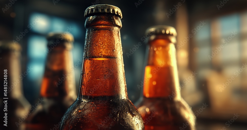 Fototapeta premium Bottles of Cold Beer on a Wooden Table in a Cozy Bar During Evening Hours With Warm Lighting