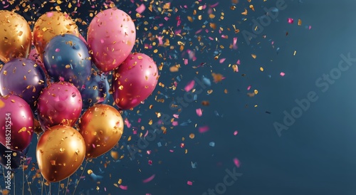Celebration With Colorful Balloons and Confetti Falling Against a Blue Backgr...