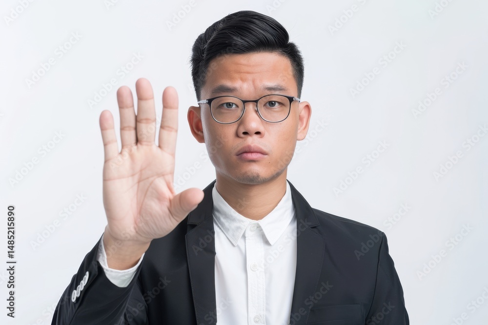 Professional man in suit raising hand while looking serious in a well-lit indoor setting Professional man in suit raising hand while looking serious in a well-lit indoor setting