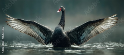 Majestic Black Swan Gracefully Gliding on Calm Water at Dawn in a Serene Lake...
