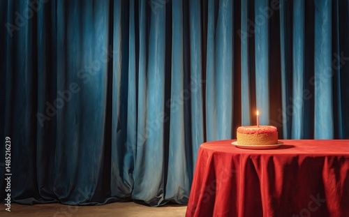Elegant Birthday Cake on a Table With Blue Curtains at a Celebration Event