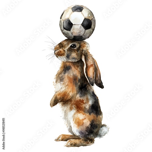 Adorable Rabbit Balancing a Soccer Ball A whimsical illustration of a bunny.