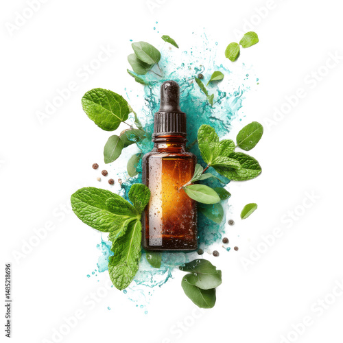 Amber Bottle of Essential Oil with Mint and Eucalyptus Leaves on Blue Splash Background