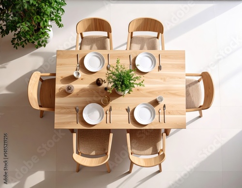 Top View of Minimalist Dining Room with Light Wood Furniture