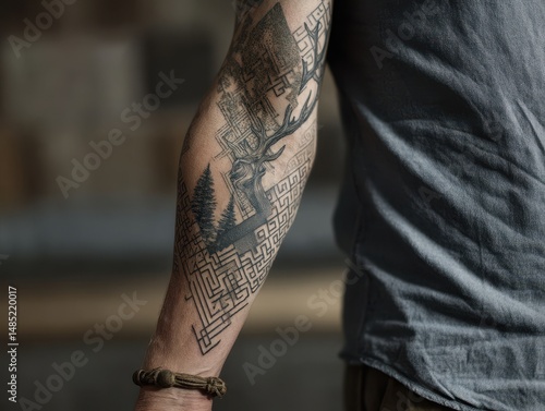 Intricate tattoo design on a forearm depicting a forest and maze.