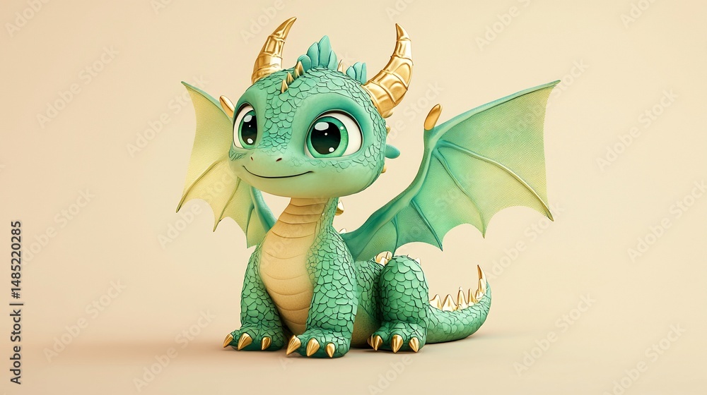 Obraz premium Cute Dragon Sitting, Light Beige Background (1)