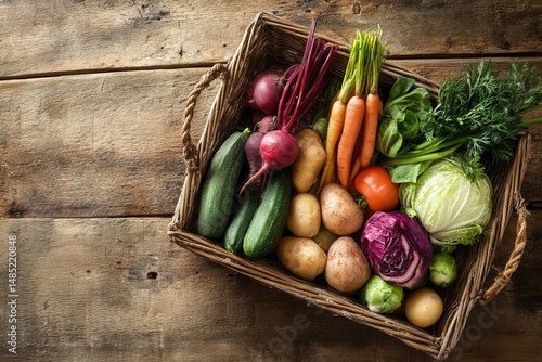Freshly harvested vegetables in a rustic basket on a wooden table, showcasing vibrant colors (2)