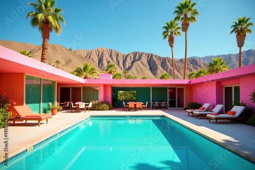 Mid-century modern architecture, Palm Springs Iconic desert landscape, swimming pool, vibrant colors, sunshine , shadows, resort