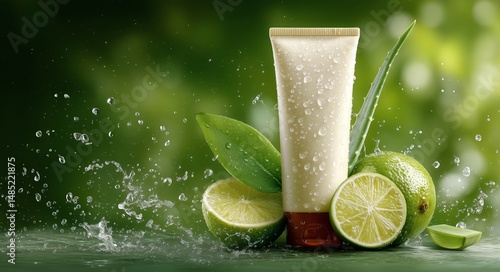 Fresh Aloe Vera and Lime Skincare Product on a Green Background With Water Dr...
