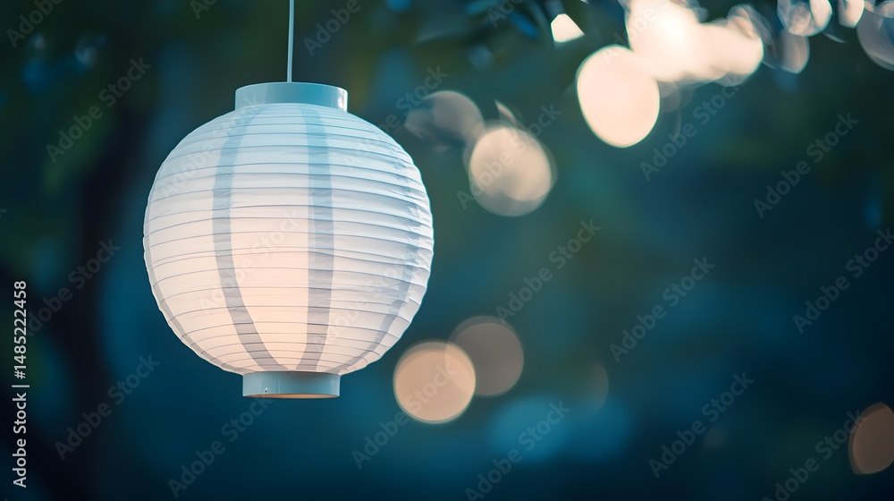 Obraz premium Hanging Paper Lantern Illuminating a Garden Party Atmosphere Decorative White Globe Lanterns Create a Warm and Festive Outdoor Lighting