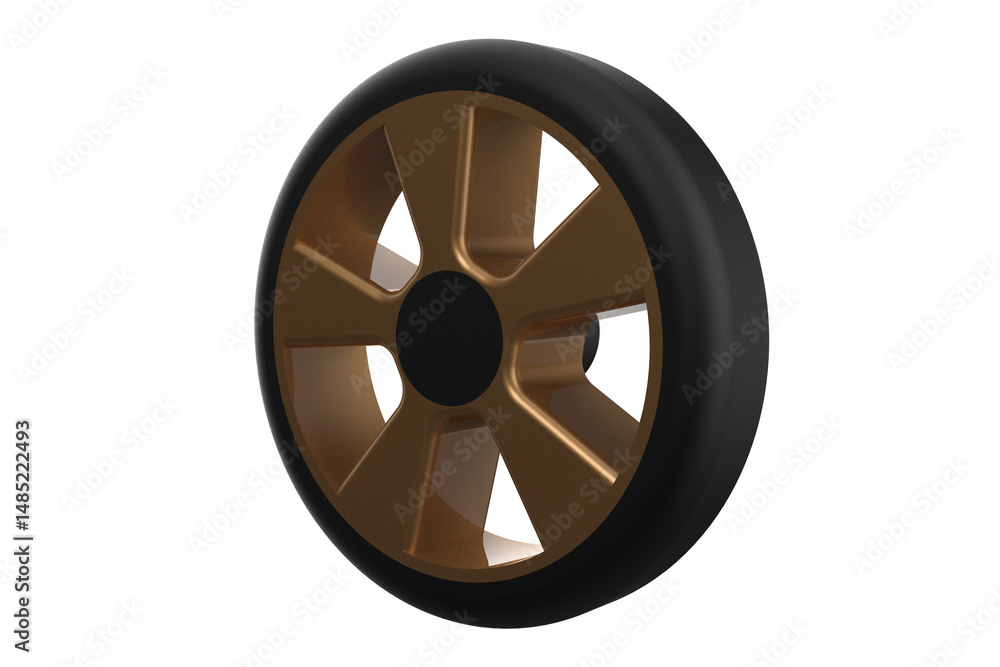 Black Tire with Bronze Colored Spokes and a Black Hub, Replacement Wheel for a Cart, Stroller, or Small Vehicle, Wheel with a Distinctive Spoke Design and Black Rubber Tire on a PNG Transparent Black Tire with Bronze Colored Spokes and a Black Hub, Replacement Wheel for a Cart, Stroller, or Small Vehicle, Wheel with a Distinctive Spoke Design and Black Rubber Tire on a PNG Transparent