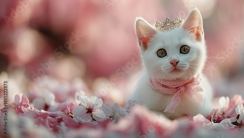 Cute White Kitten With a Crown Among Cherry Blossom Trees in a Spring Garden