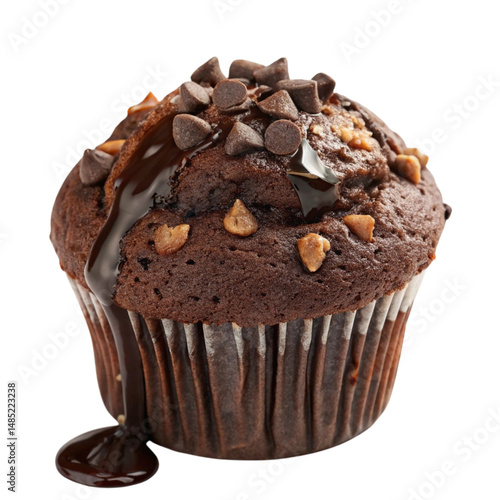 Papier peint Decadent Chocolate Chip Muffin with Drizzled Chocolate Sauce isolated PNG or Tra