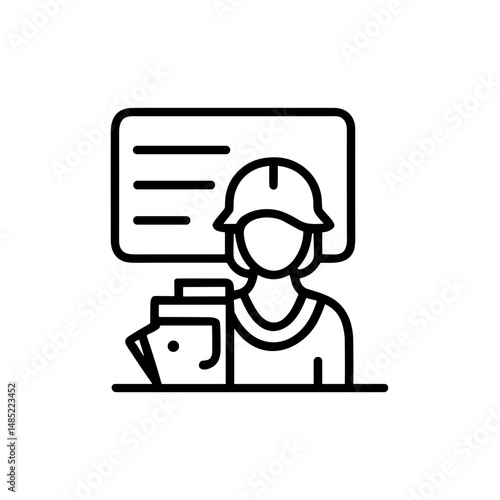 Construction worker handing out flyers at an informational booth concept of Open campus university tour  