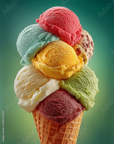 Colorful Ice Cream Cone With Multiple Flavors Stacked High and Vibrant Backgr...