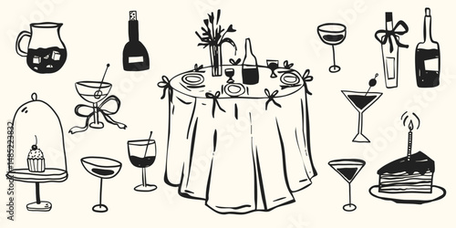 Italian cocktail party sketch crayon doodle with drinks and sweets wedding vacation event. Hand drawn vector illustrations for menu, invitation paper, save the date. 