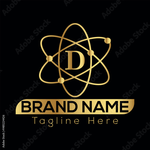 This atomic symbol vector illustration icon represents the science of an atom with its nucleus and orbiting electrons, a design often used to signify nuclear energy and D logo design