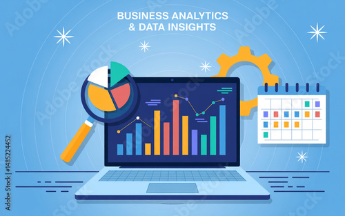 Digital business analytics illustrated with laptop pie chart bar graphs calendar data and insights