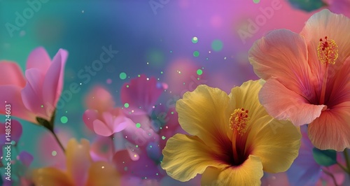 Vibrant Hibiscus Flowers Blooming in Soft Pastel Colors Against a Dreamy Back...