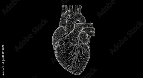 Abstract human heart wireframe model on black background for science technology